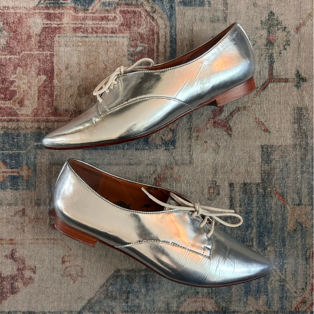 SCHUTZ Silver Loafers Tie Up Flats Metallic Retro Twee Geek Grey Party Wedding